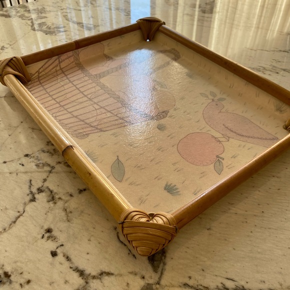 Alpac Vintage 80s Fiberglass Bamboo Tray Pastel Apples Basket Bird Design - Picture 5 of 14